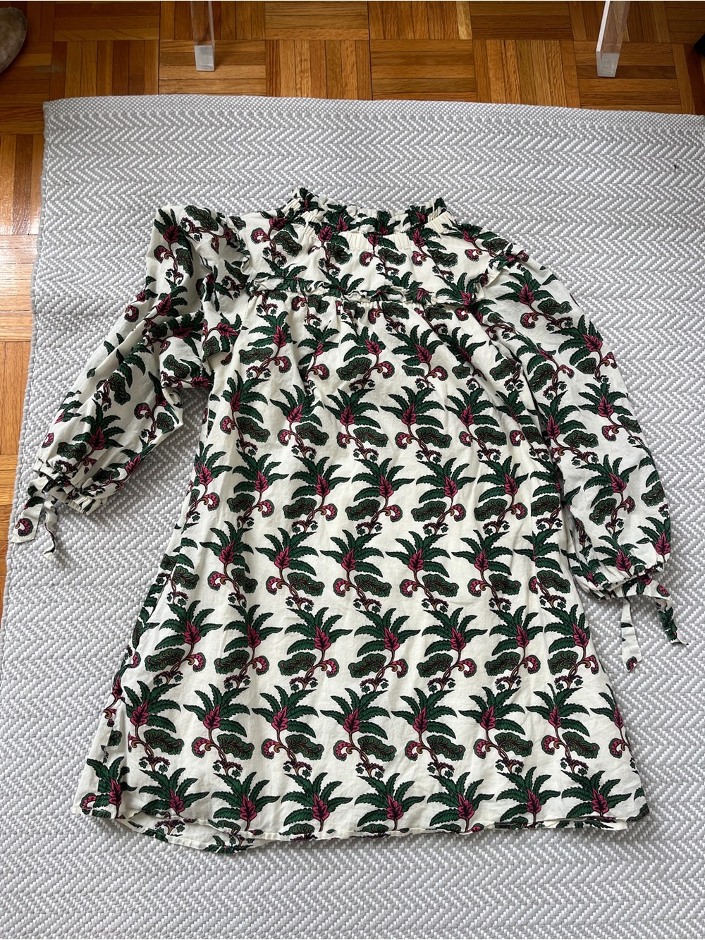 Off-Shoulder Mini Dress in Cream with Green & Pink Botanical Print